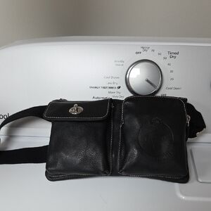 Roots Black Leather Double Pouch Belt Bag with Contrast Stitching